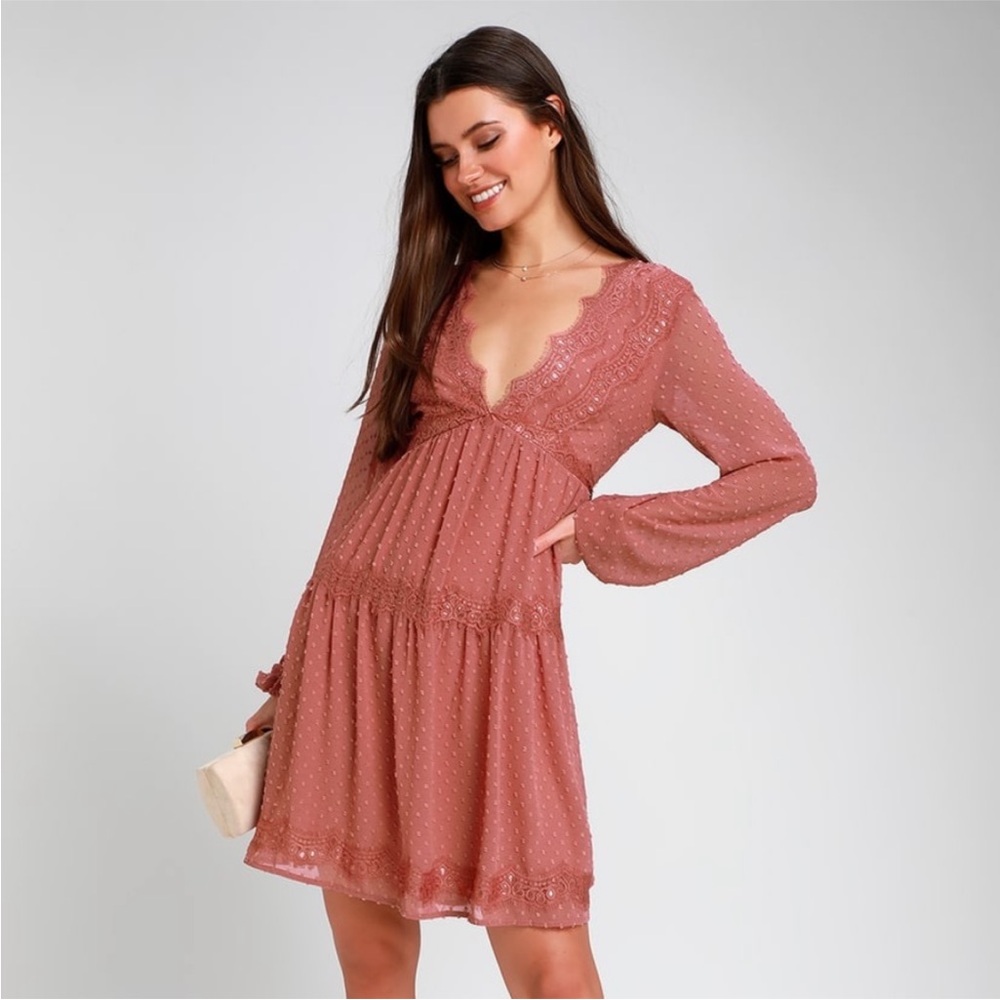 LULUS Mini Dress Size L Rusty Rose Layered Long Sleeve Swiss Dot Peasant🆕New
